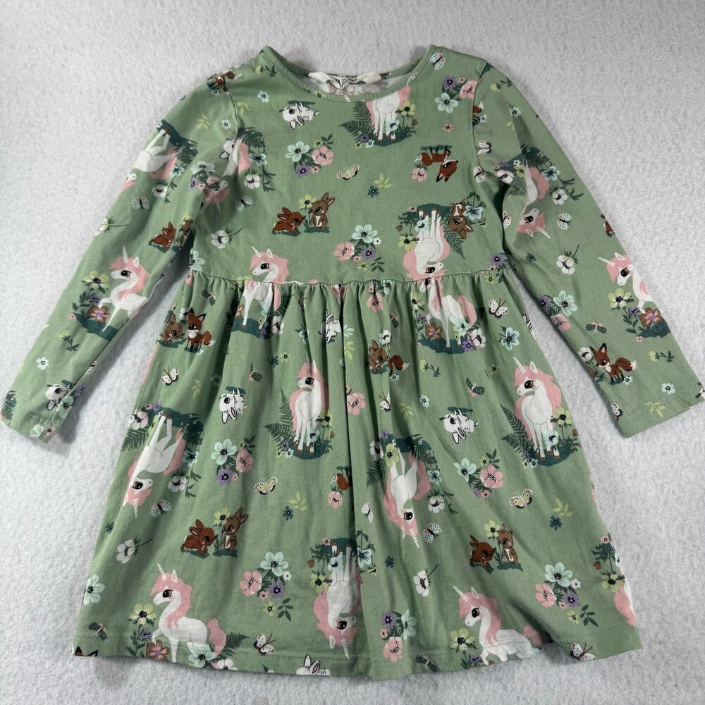 H & M Green Girls Unicorn Nature Dress 5T/6 Woodsy Animals